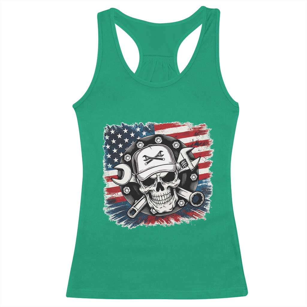 American Flag Skull Mechanic Racerback Tank Top Labor Day Patriotic USA - Wonder Print Shop
