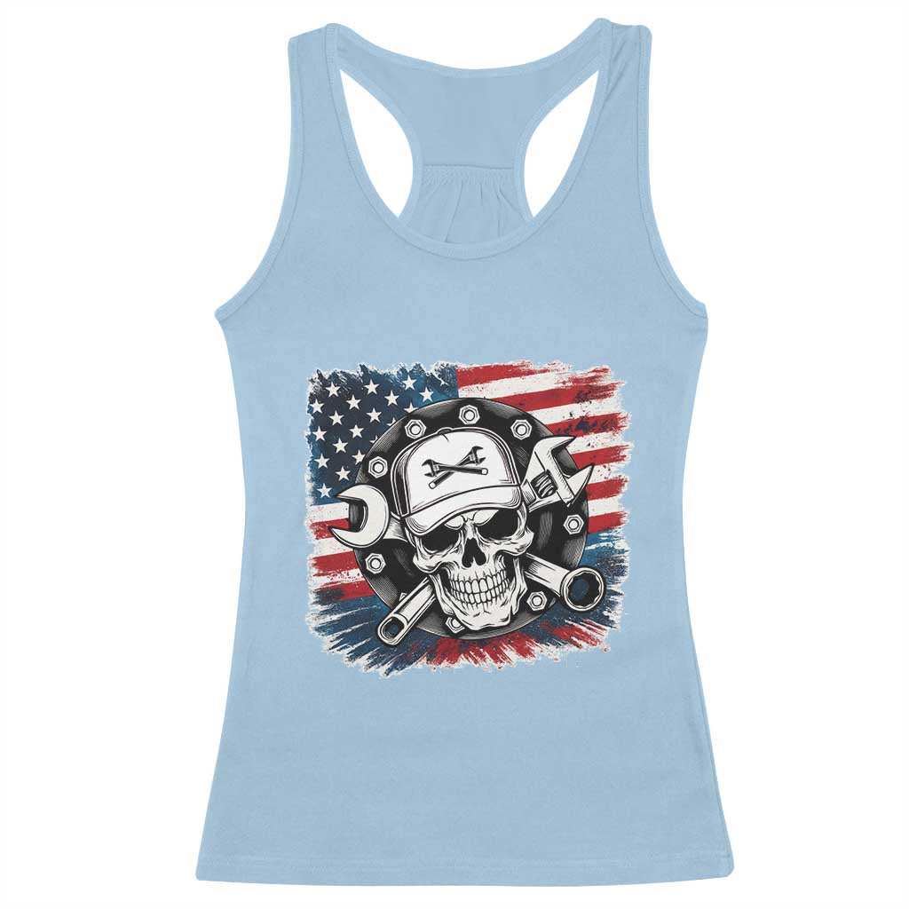 American Flag Skull Mechanic Racerback Tank Top Labor Day Patriotic USA - Wonder Print Shop
