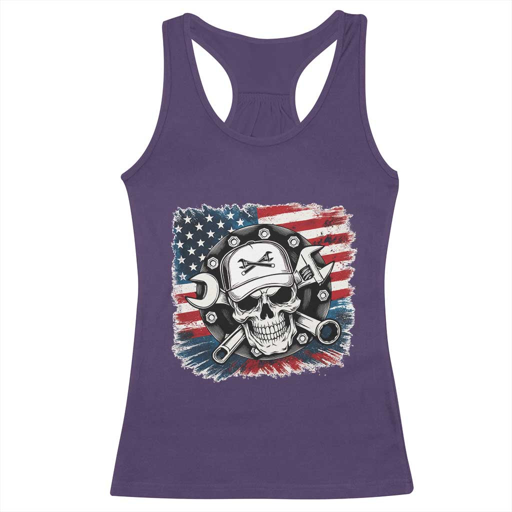 American Flag Skull Mechanic Racerback Tank Top Labor Day Patriotic USA - Wonder Print Shop
