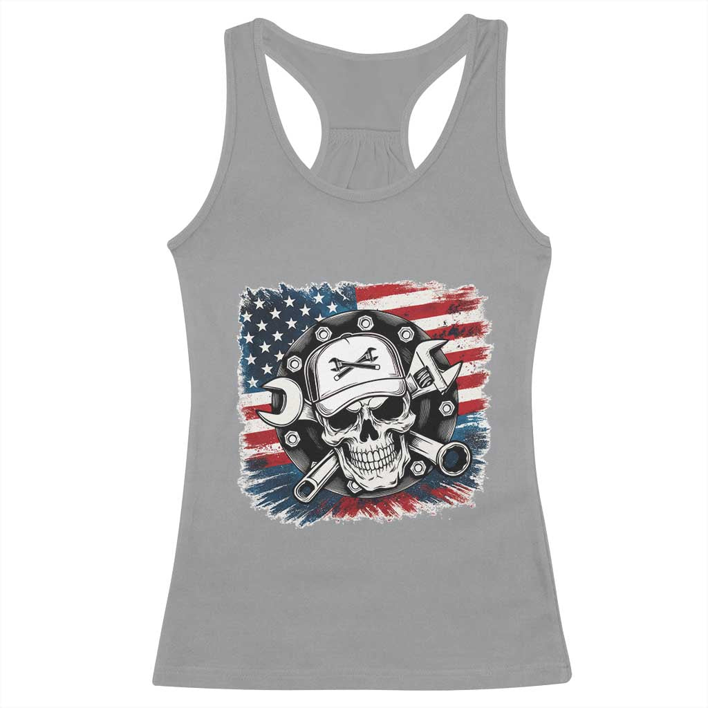 American Flag Skull Mechanic Racerback Tank Top Labor Day Patriotic USA - Wonder Print Shop