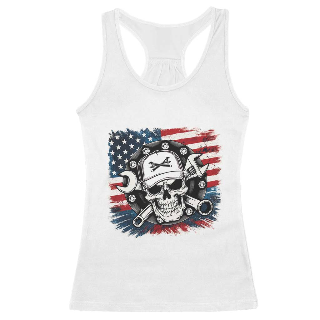 American Flag Skull Mechanic Racerback Tank Top Labor Day Patriotic USA - Wonder Print Shop