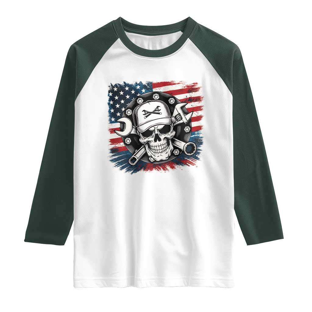 American Flag Skull Mechanic Raglan Shirt Labor Day Patriotic USA - Wonder Print Shop