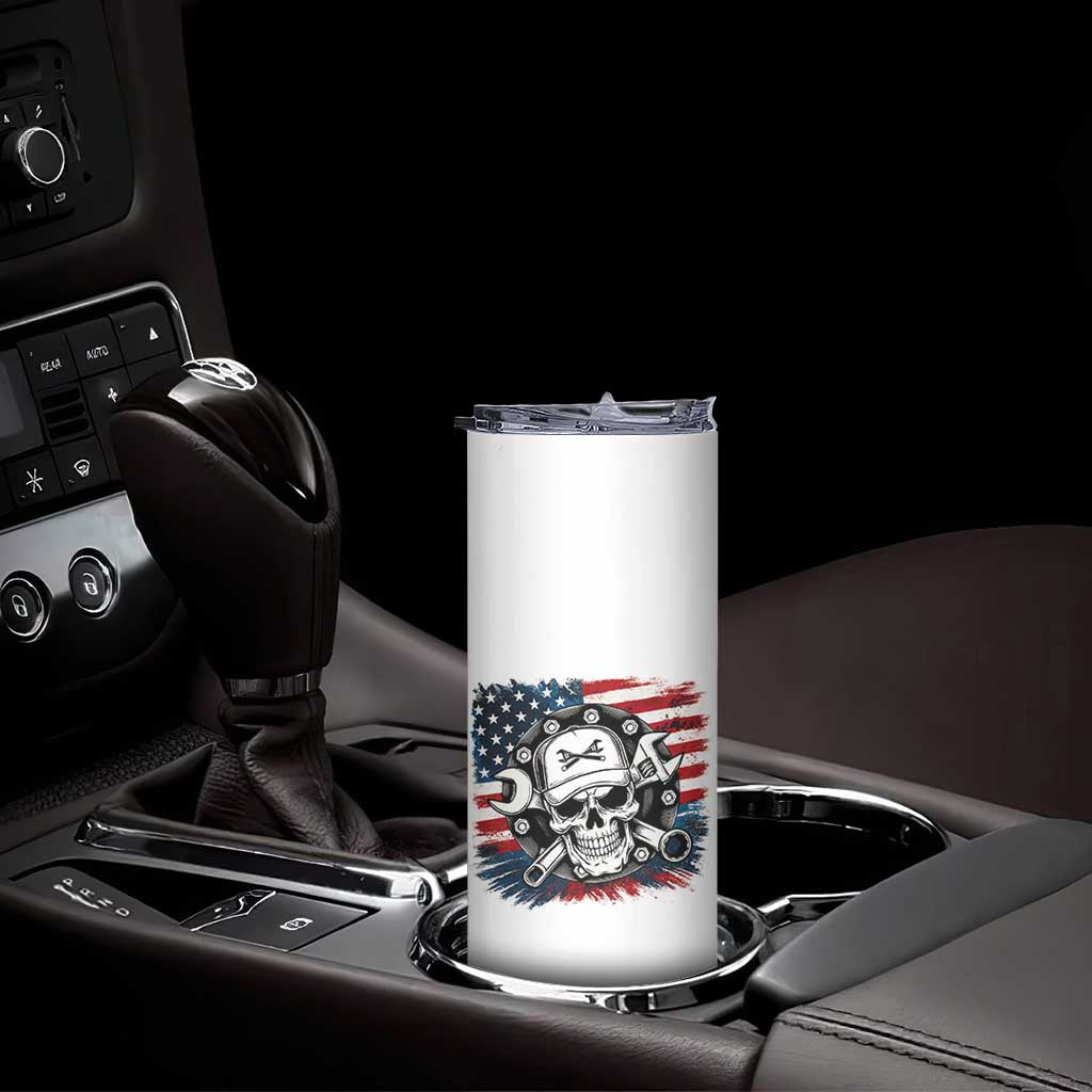 American Flag Skull Mechanic Skinny Tumbler Labor Day Patriotic USA