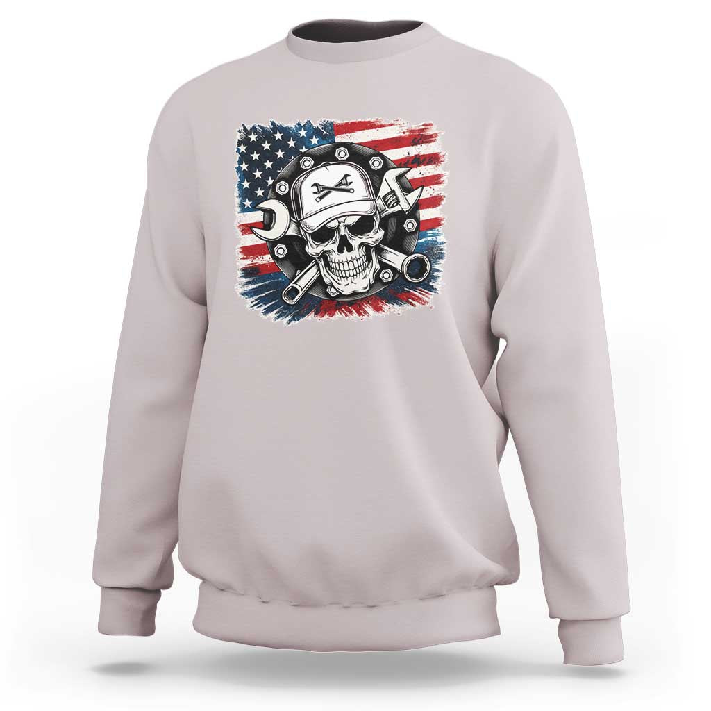American Flag Skull Mechanic Sweatshirt Labor Day Patriotic USA - Wonder Print Shop