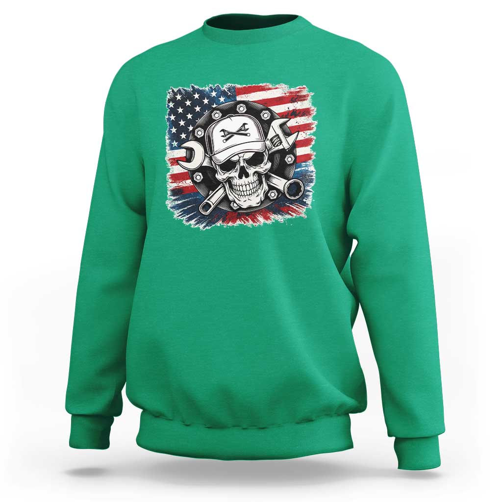 American Flag Skull Mechanic Sweatshirt Labor Day Patriotic USA - Wonder Print Shop