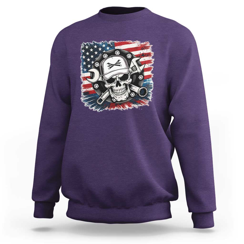 American Flag Skull Mechanic Sweatshirt Labor Day Patriotic USA - Wonder Print Shop