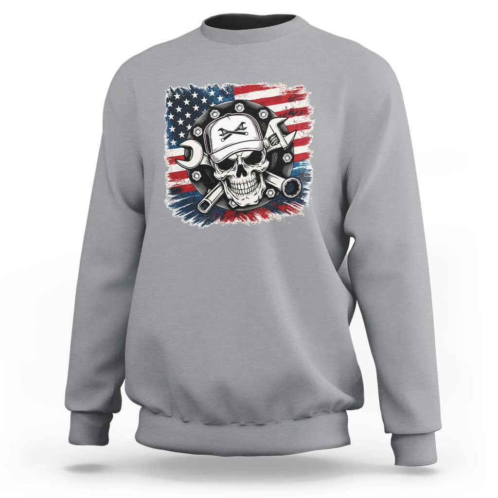 American Flag Skull Mechanic Sweatshirt Labor Day Patriotic USA - Wonder Print Shop