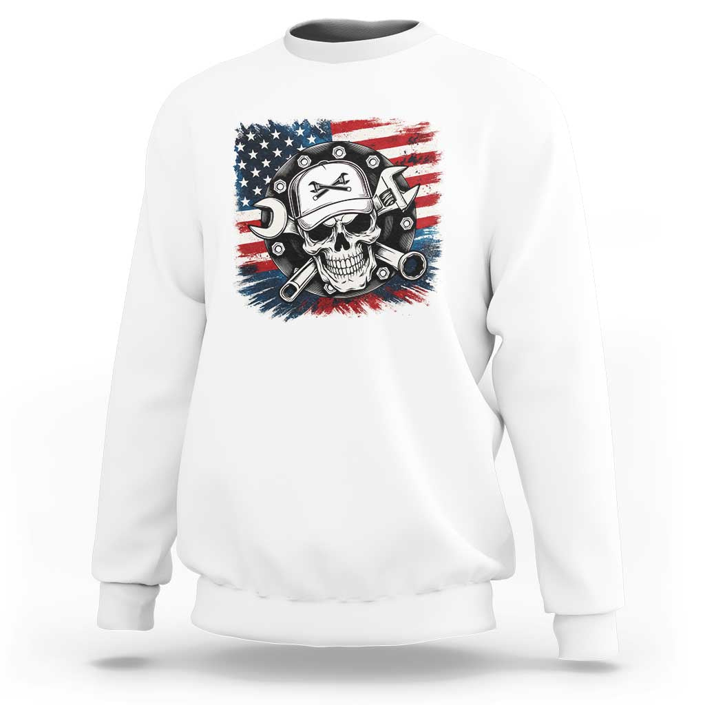 American Flag Skull Mechanic Sweatshirt Labor Day Patriotic USA - Wonder Print Shop