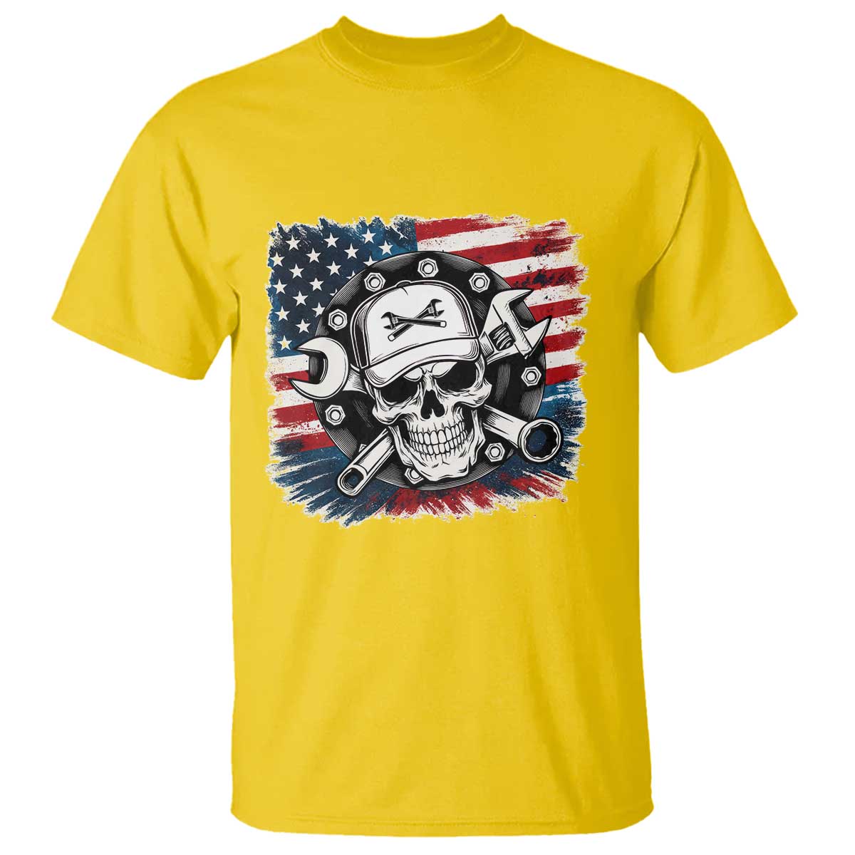 American Flag Skull Mechanic T Shirt Labor Day Patriotic USA - Wonder Print Shop