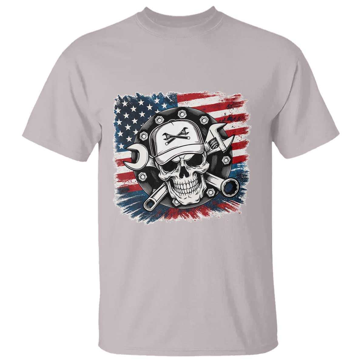 American Flag Skull Mechanic T Shirt Labor Day Patriotic USA - Wonder Print Shop