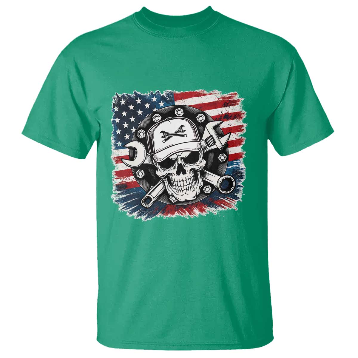 American Flag Skull Mechanic T Shirt Labor Day Patriotic USA - Wonder Print Shop