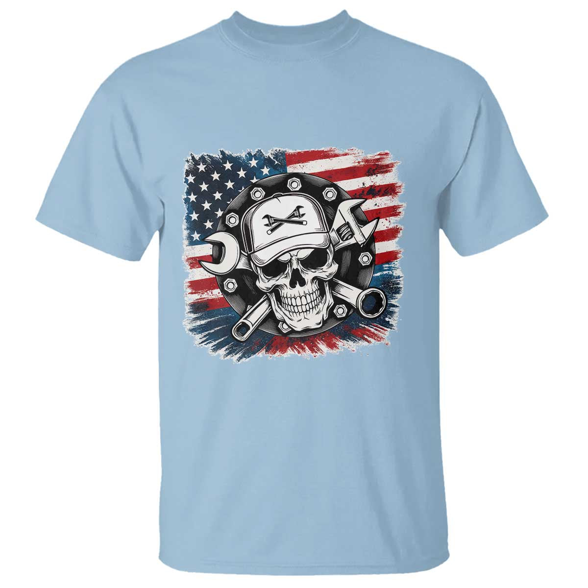 American Flag Skull Mechanic T Shirt Labor Day Patriotic USA - Wonder Print Shop