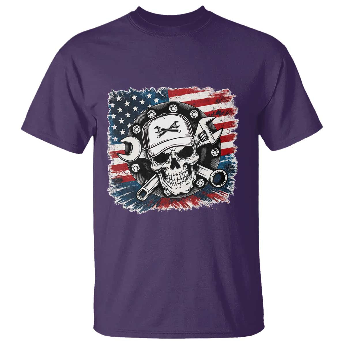 American Flag Skull Mechanic T Shirt Labor Day Patriotic USA - Wonder Print Shop