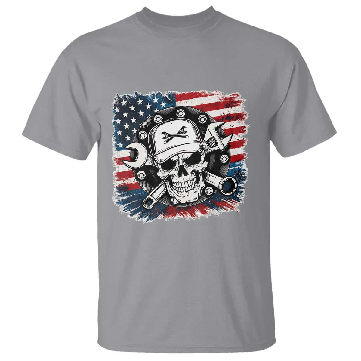 American Flag Skull Mechanic T Shirt Labor Day Patriotic USA - Wonder Print Shop