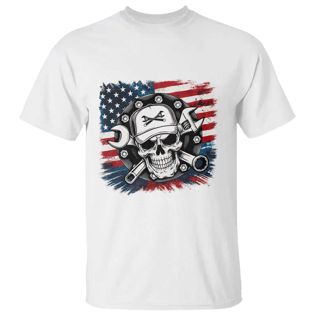 American Flag Skull Mechanic T Shirt Labor Day Patriotic USA - Wonder Print Shop
