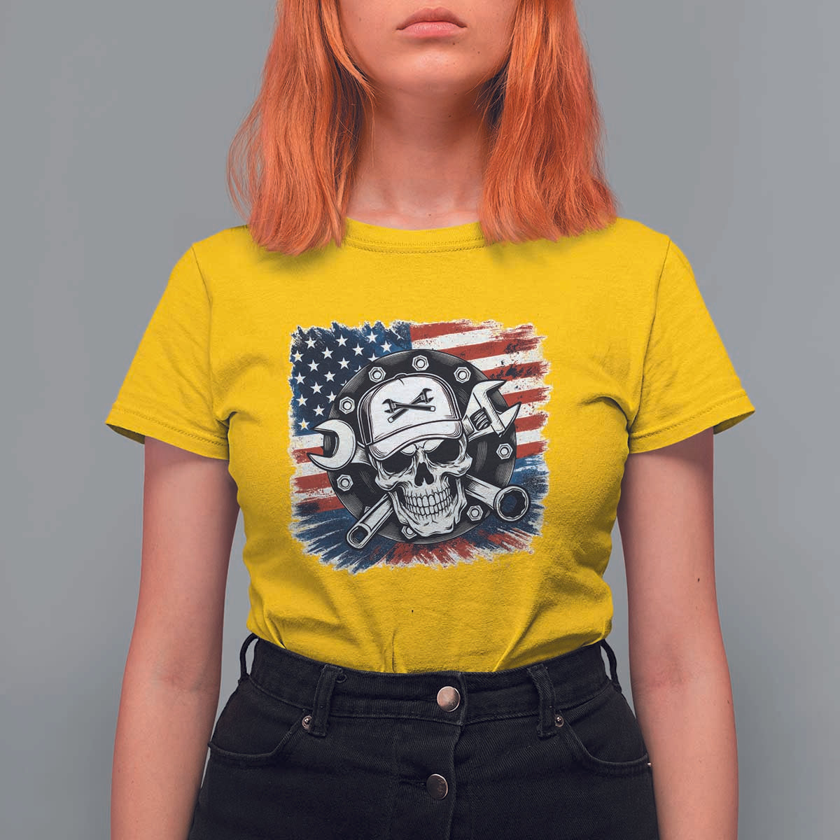 American Flag Skull Mechanic T Shirt For Women Labor Day Patriotic USA - Wonder Print Shop
