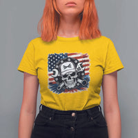 American Flag Skull Mechanic T Shirt For Women Labor Day Patriotic USA - Wonder Print Shop