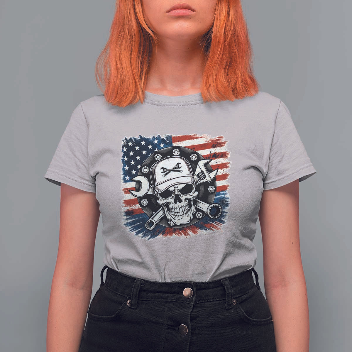 American Flag Skull Mechanic T Shirt For Women Labor Day Patriotic USA - Wonder Print Shop
