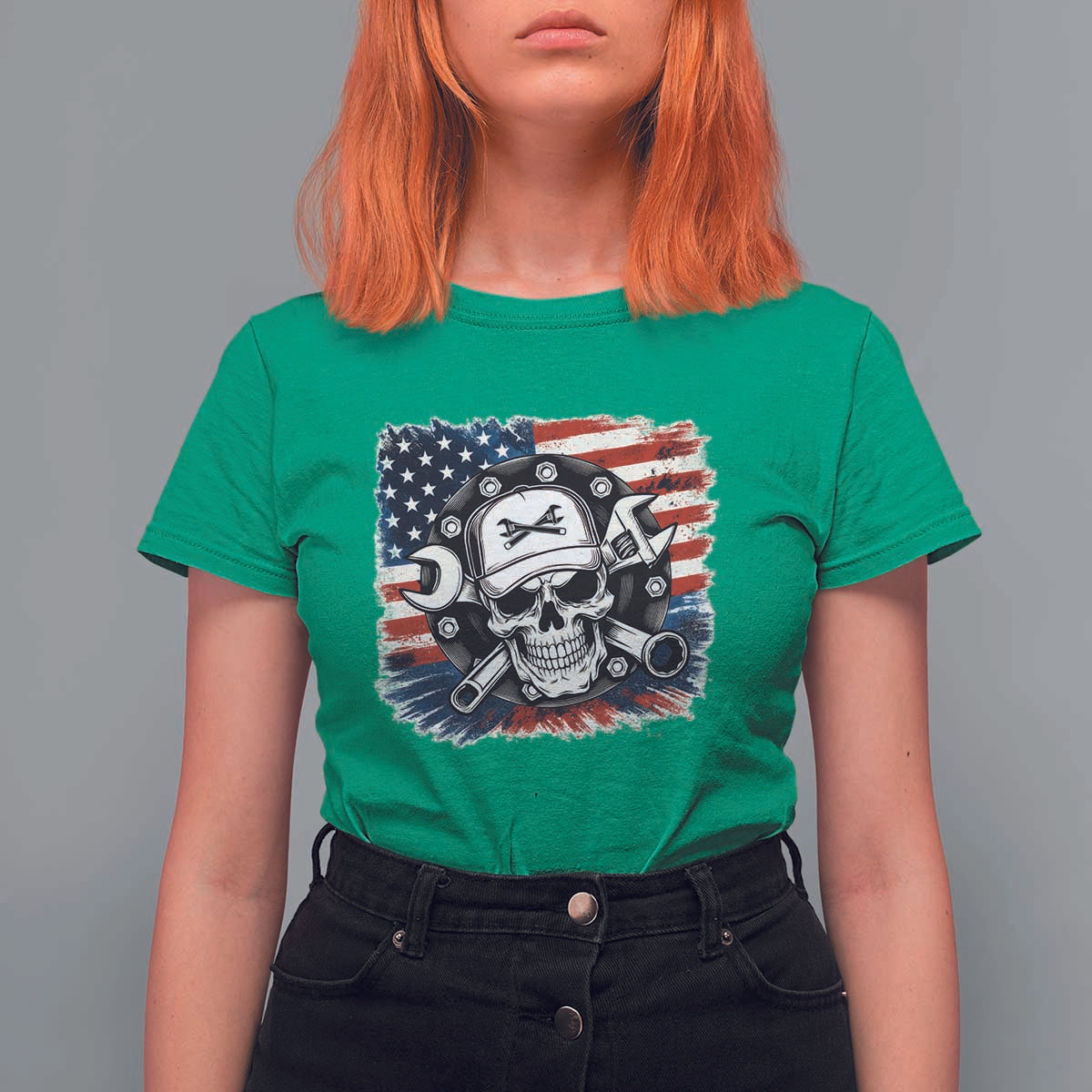 American Flag Skull Mechanic T Shirt For Women Labor Day Patriotic USA - Wonder Print Shop