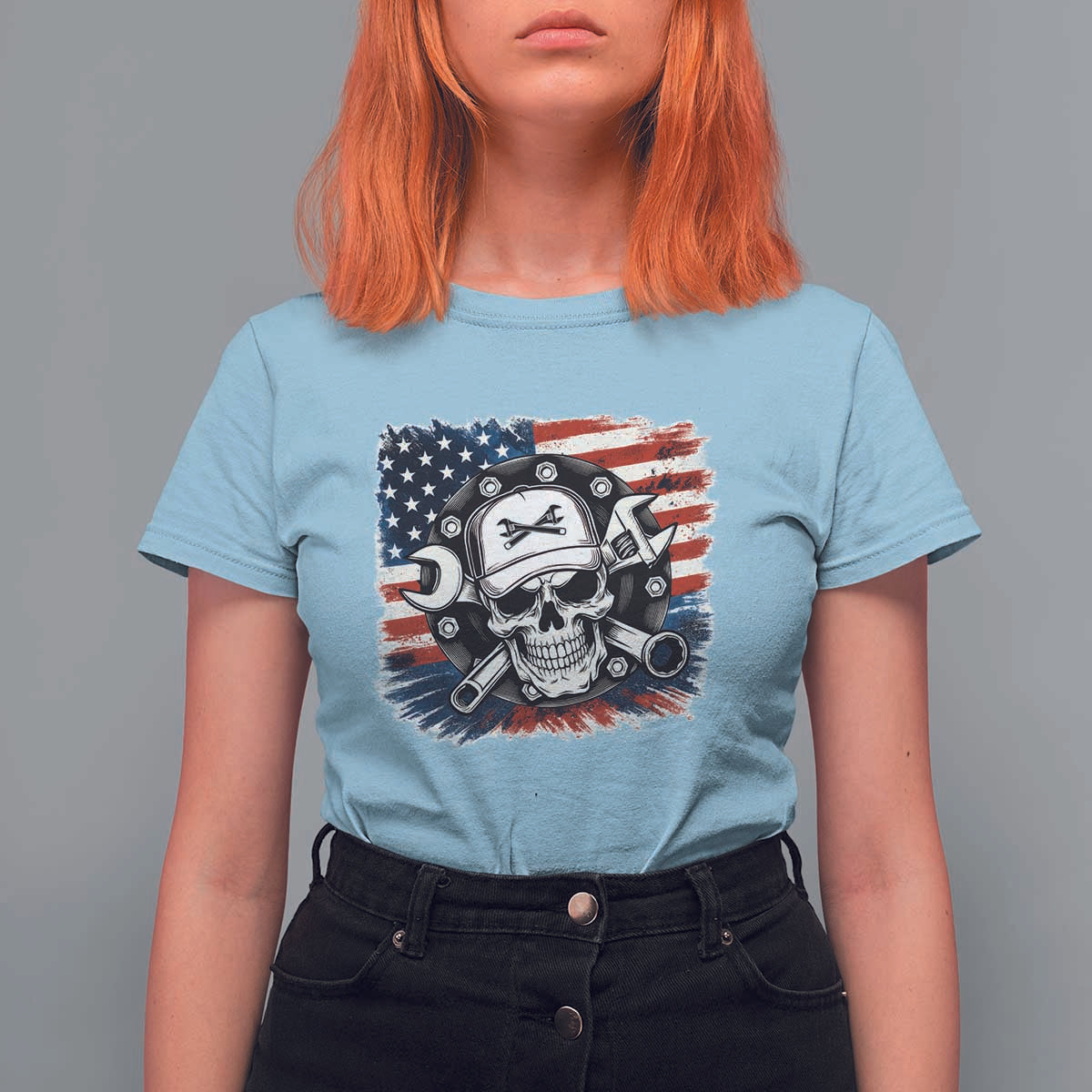 American Flag Skull Mechanic T Shirt For Women Labor Day Patriotic USA - Wonder Print Shop