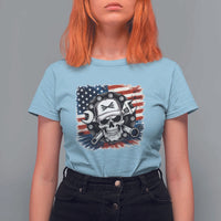 American Flag Skull Mechanic T Shirt For Women Labor Day Patriotic USA - Wonder Print Shop