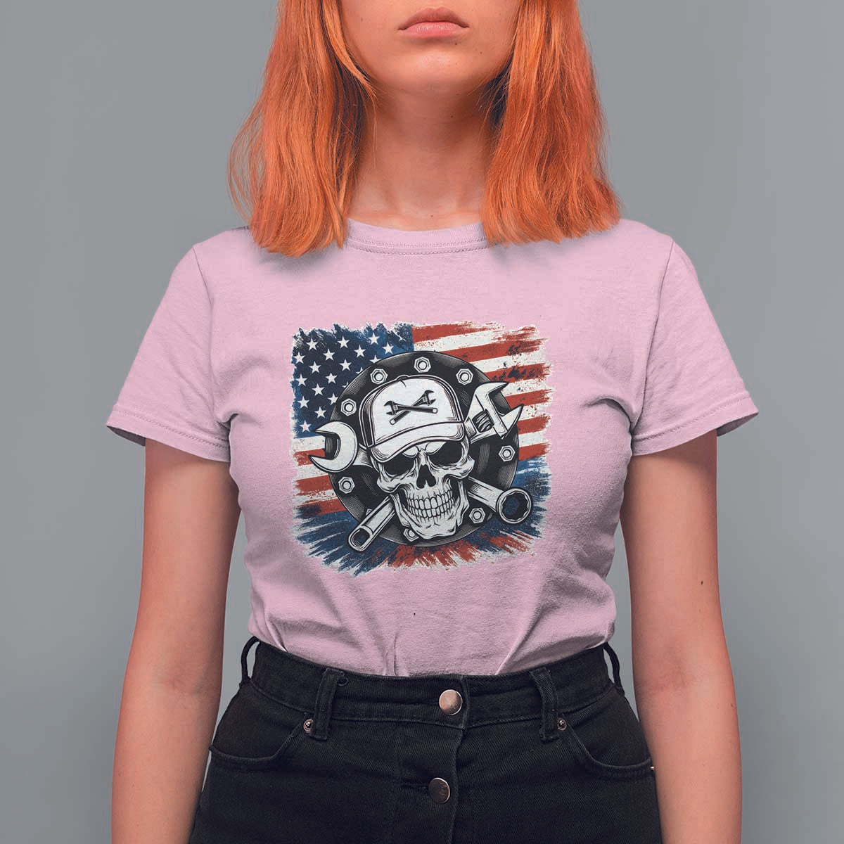 American Flag Skull Mechanic T Shirt For Women Labor Day Patriotic USA - Wonder Print Shop