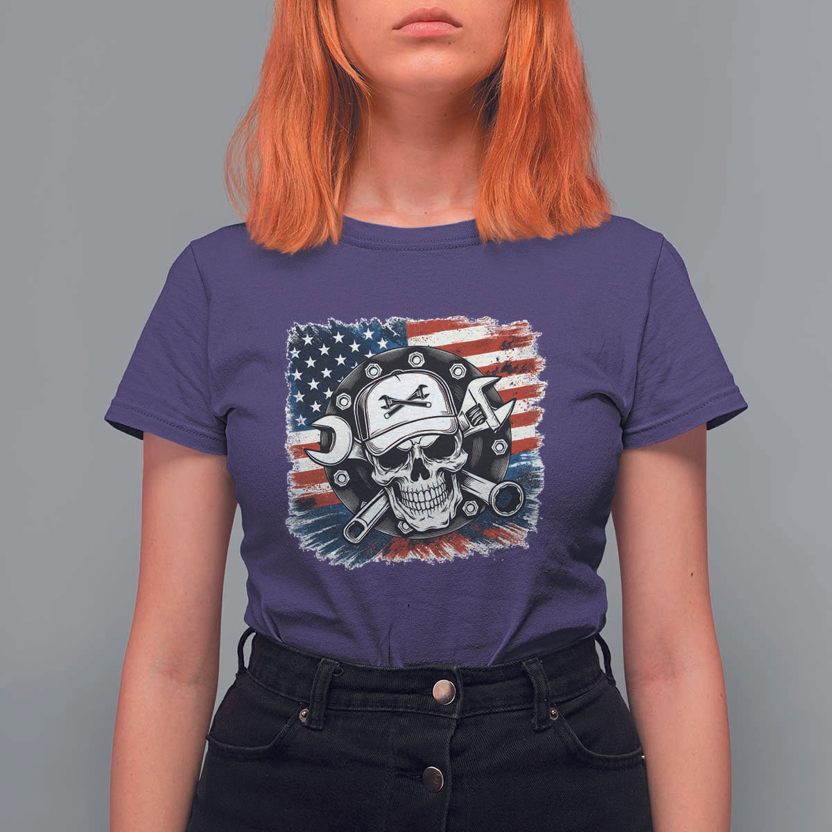 American Flag Skull Mechanic T Shirt For Women Labor Day Patriotic USA - Wonder Print Shop
