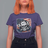American Flag Skull Mechanic T Shirt For Women Labor Day Patriotic USA - Wonder Print Shop
