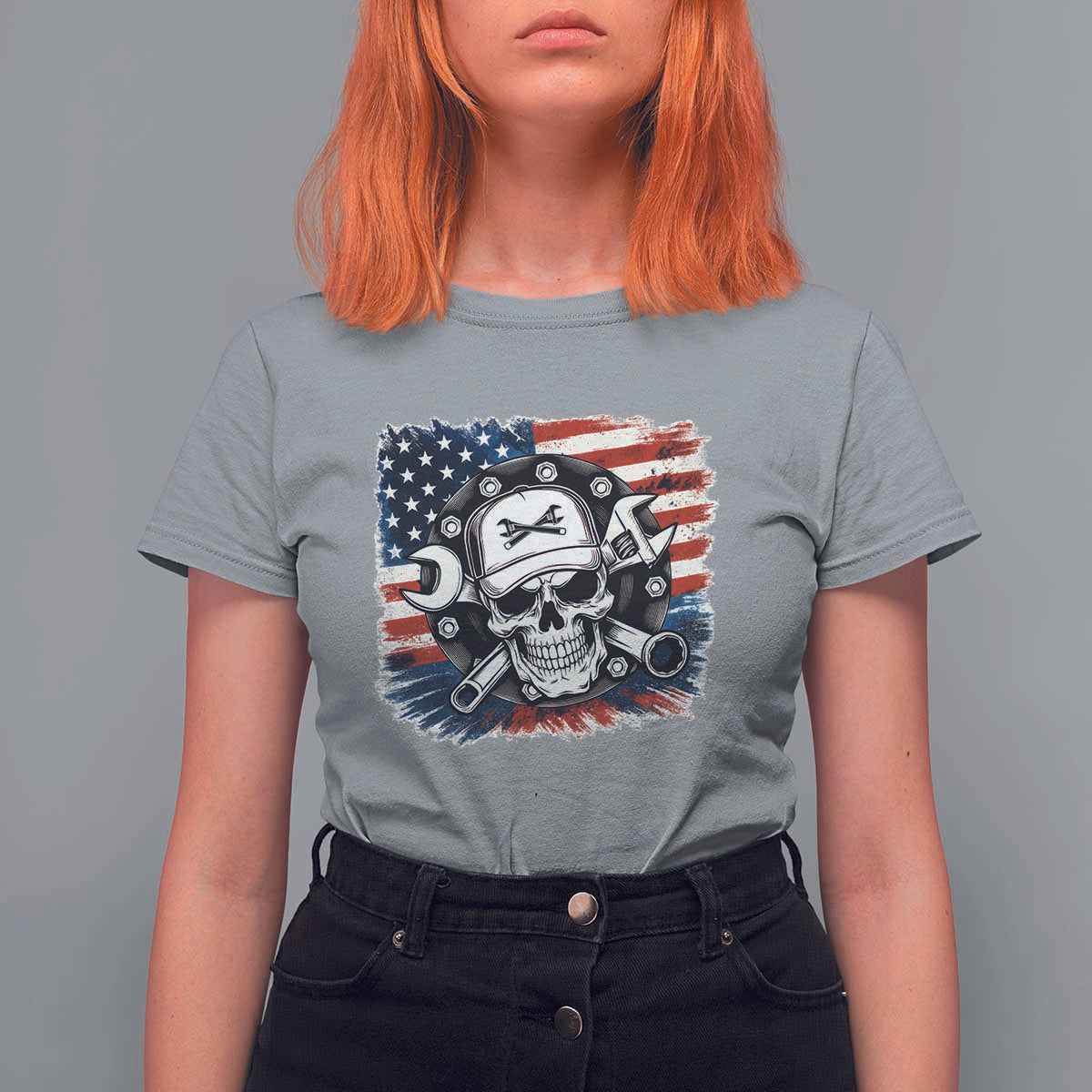 American Flag Skull Mechanic T Shirt For Women Labor Day Patriotic USA - Wonder Print Shop