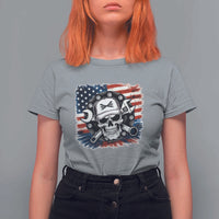 American Flag Skull Mechanic T Shirt For Women Labor Day Patriotic USA - Wonder Print Shop