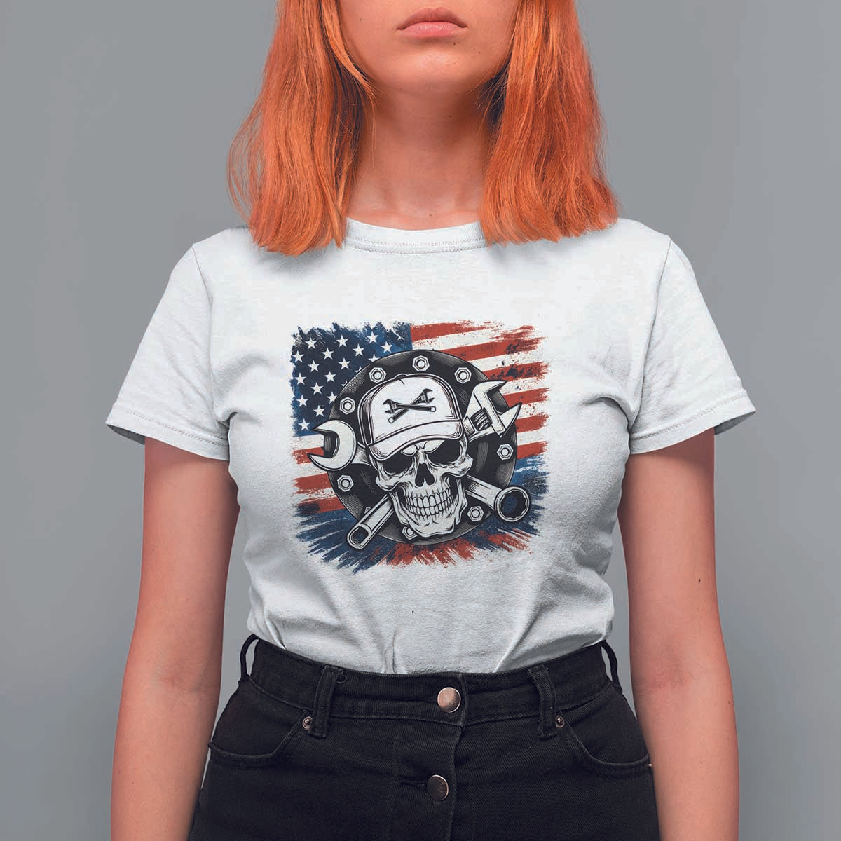 American Flag Skull Mechanic T Shirt For Women Labor Day Patriotic USA - Wonder Print Shop