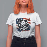American Flag Skull Mechanic T Shirt For Women Labor Day Patriotic USA - Wonder Print Shop