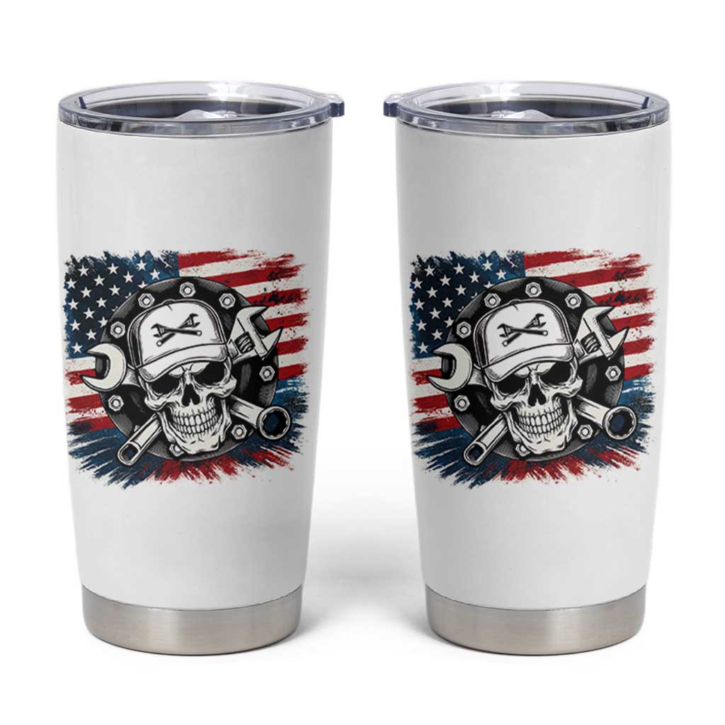 American Flag Skull Mechanic Tumbler Cup Labor Day Patriotic USA