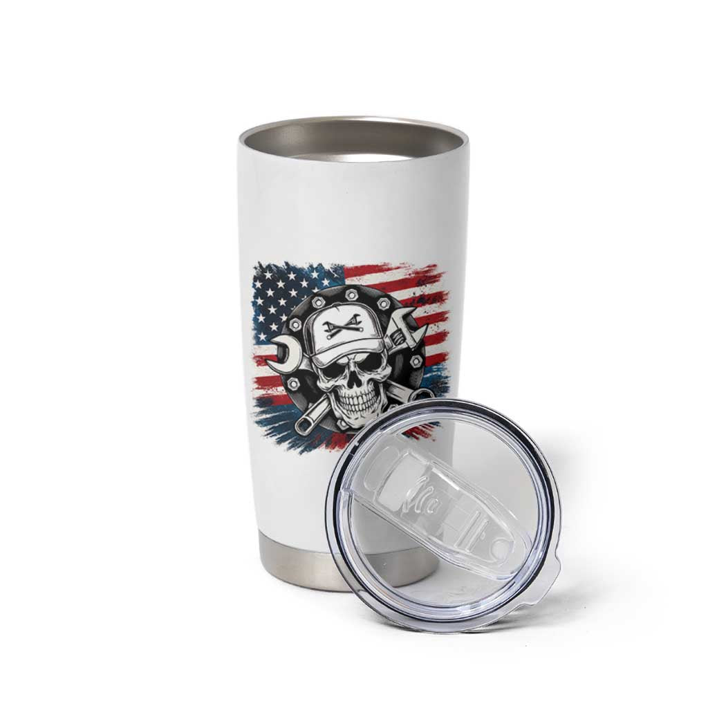 American Flag Skull Mechanic Tumbler Cup Labor Day Patriotic USA