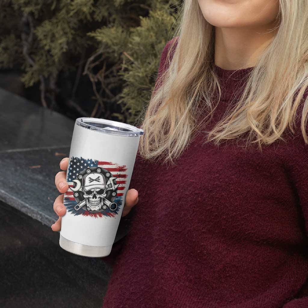 American Flag Skull Mechanic Tumbler Cup Labor Day Patriotic USA
