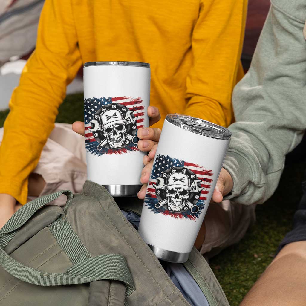 American Flag Skull Mechanic Tumbler Cup Labor Day Patriotic USA