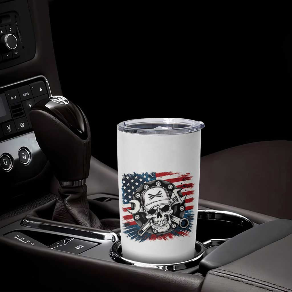 American Flag Skull Mechanic Tumbler Cup Labor Day Patriotic USA