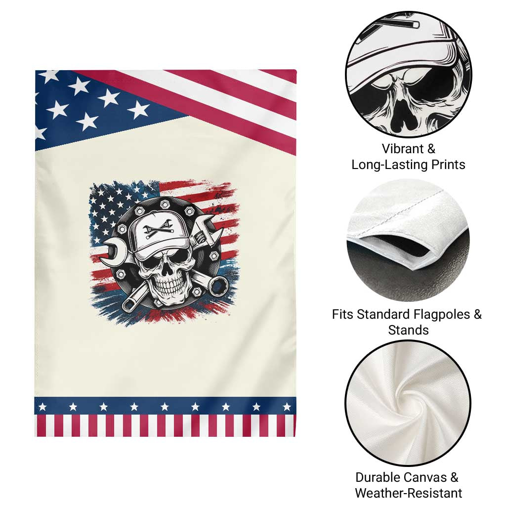 American Flag Skull Mechanic Garden Flag Labor Day Patriotic USA