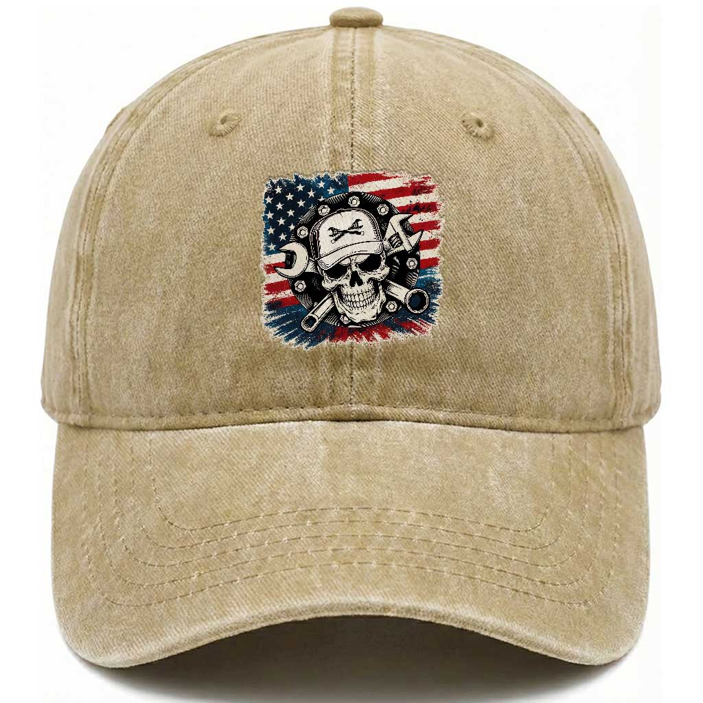 American Flag Skull Mechanic Washed Cotton Baseball Cap Labor Day Patriotic USA
