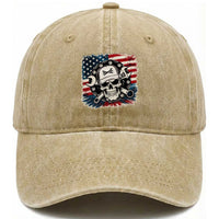 American Flag Skull Mechanic Washed Cotton Baseball Cap Labor Day Patriotic USA