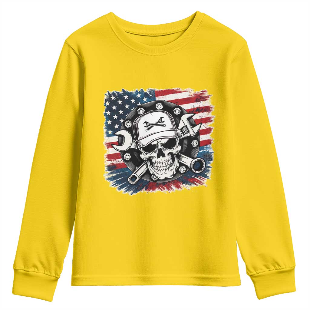 American Flag Skull Mechanic Youth Sweatshirt Labor Day Patriotic USA - Wonder Print Shop