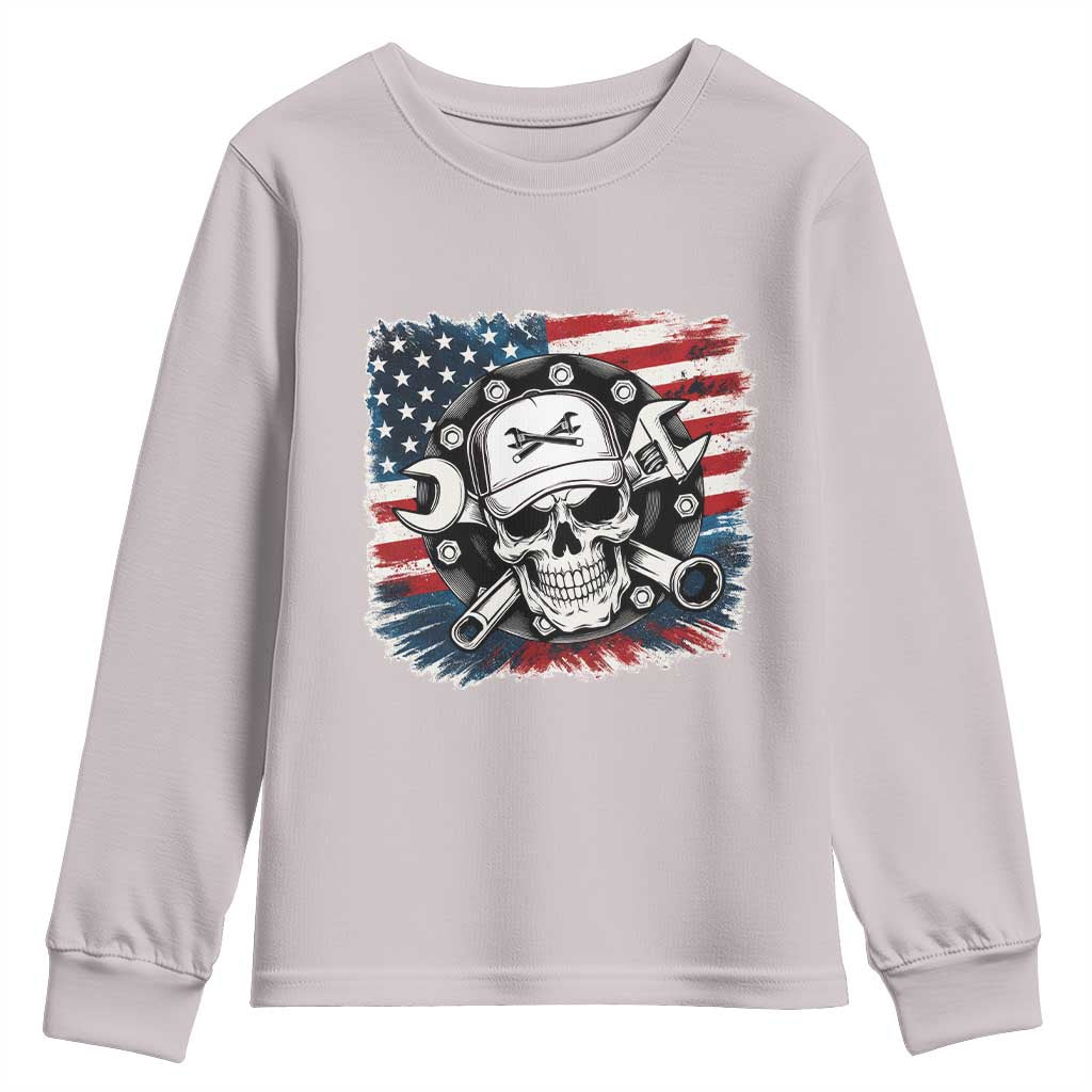 American Flag Skull Mechanic Youth Sweatshirt Labor Day Patriotic USA - Wonder Print Shop