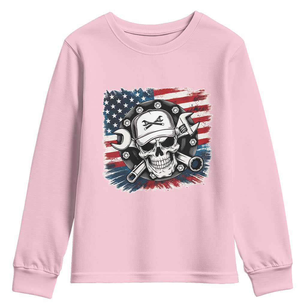 American Flag Skull Mechanic Youth Sweatshirt Labor Day Patriotic USA - Wonder Print Shop