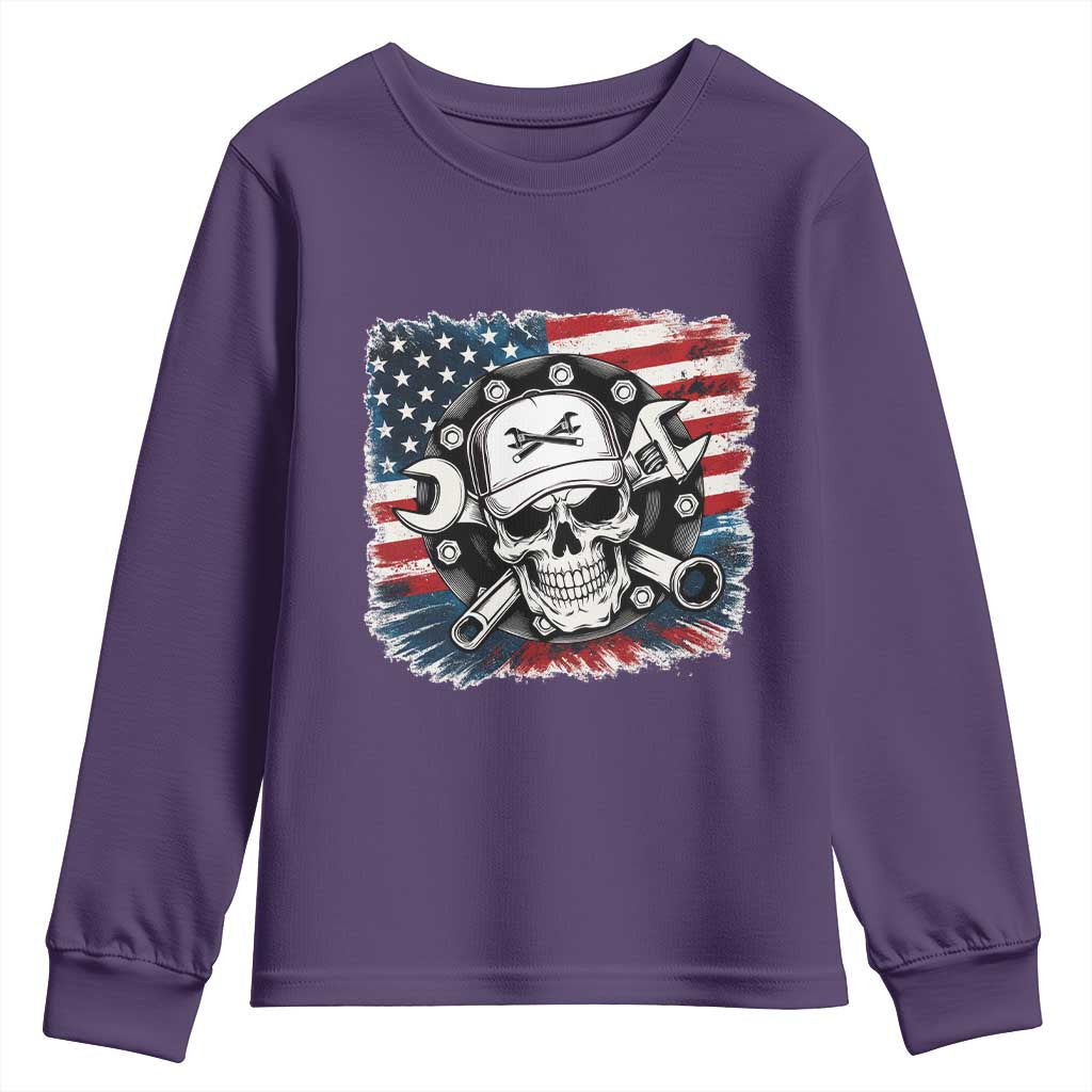 American Flag Skull Mechanic Youth Sweatshirt Labor Day Patriotic USA - Wonder Print Shop