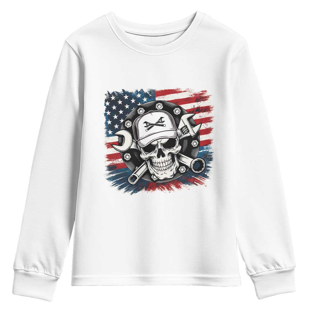 American Flag Skull Mechanic Youth Sweatshirt Labor Day Patriotic USA - Wonder Print Shop