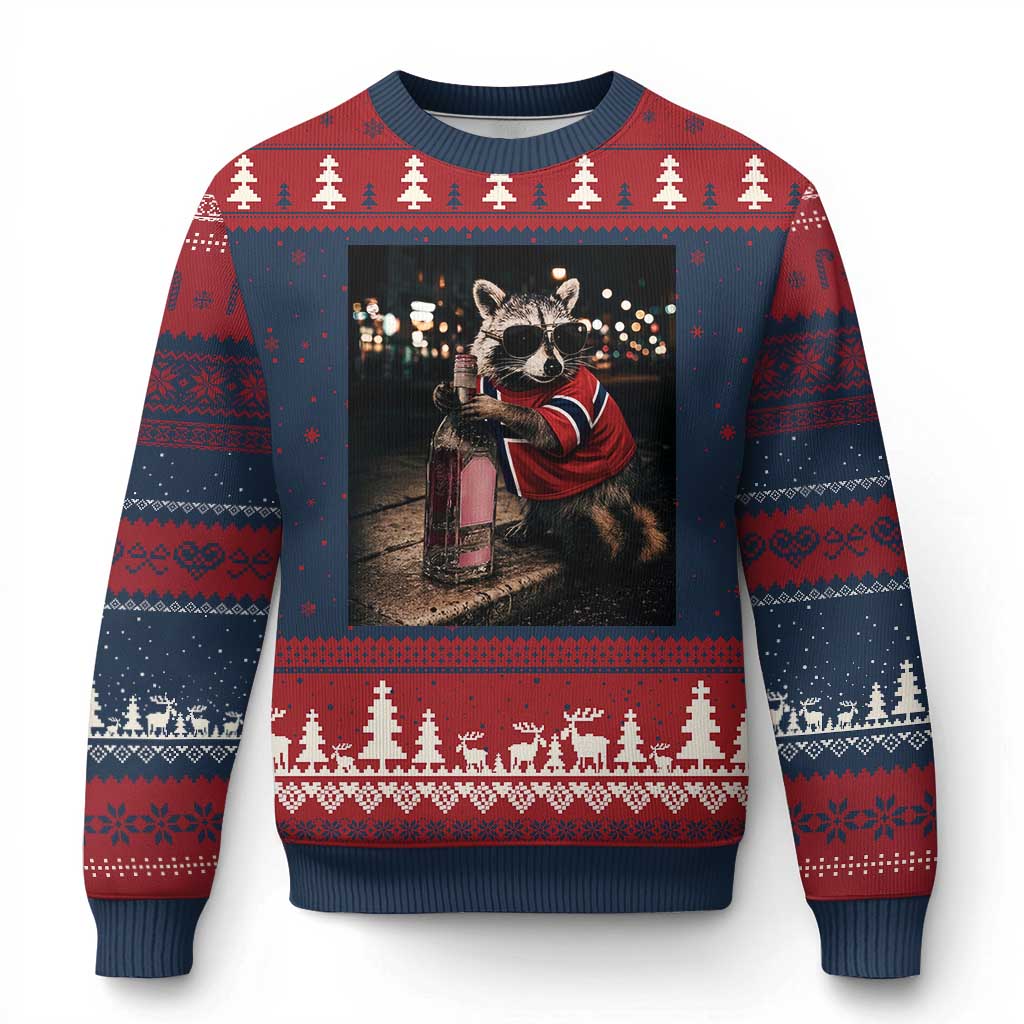 Funny Raccoon Whiskey Sunglasses Norwegian Flag Ugly Christmas Sweater Viral Trash Panda Football Texas Souvenir Meme