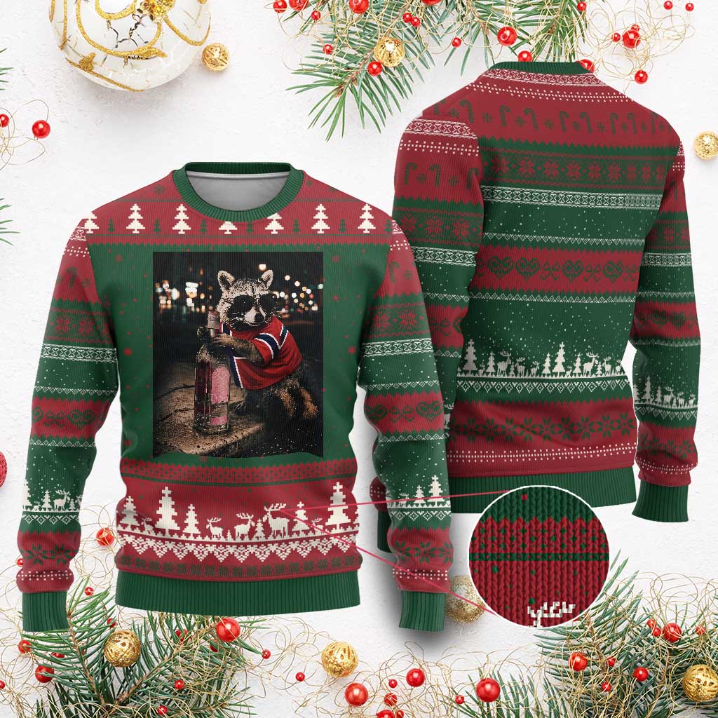 Funny Raccoon Whiskey Sunglasses Norwegian Flag Ugly Christmas Sweater Viral Trash Panda Football Texas Souvenir Meme