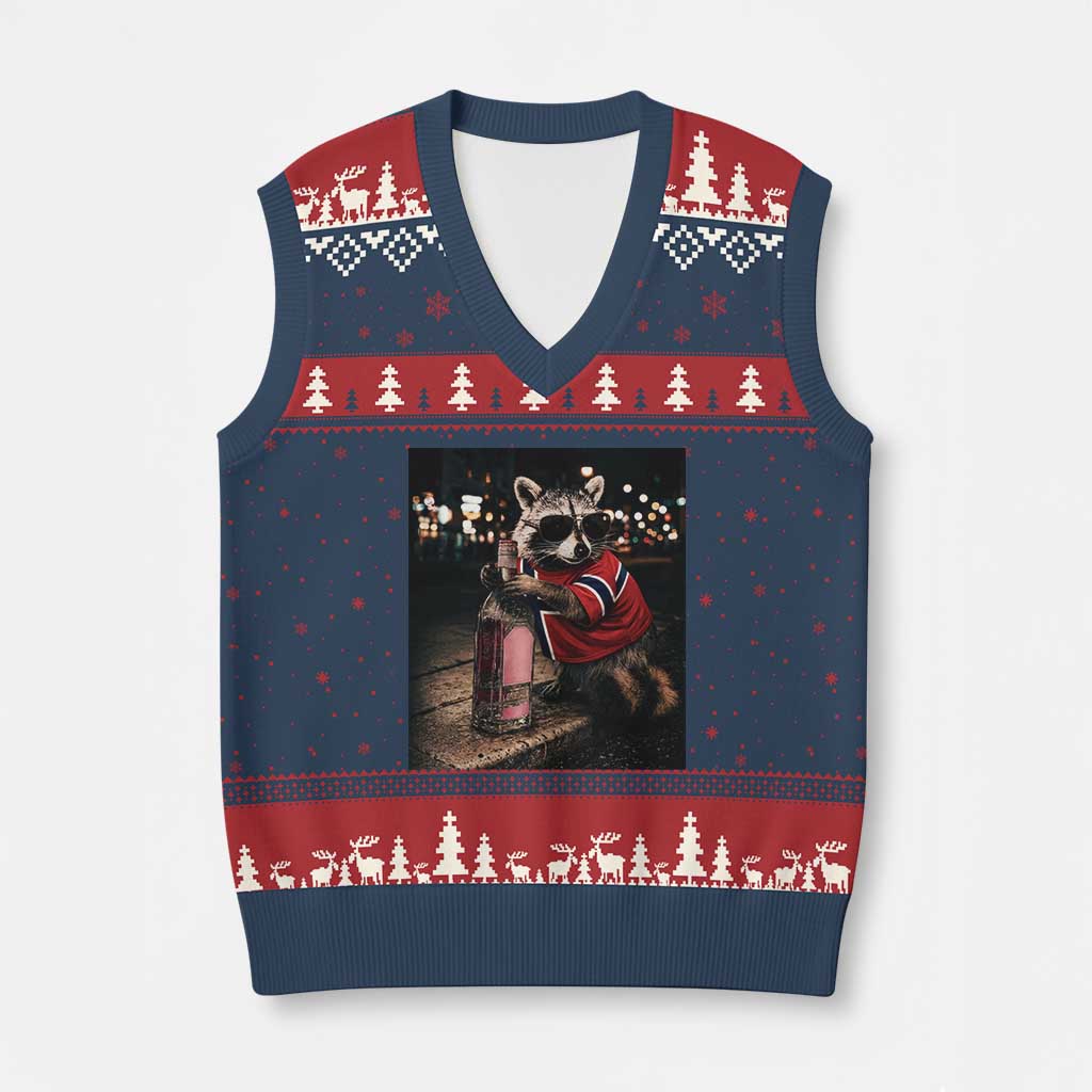 Funny Raccoon Whiskey Sunglasses Norwegian Flag V-Neck Knit Sweater Vest Viral Trash Panda Football Texas Souvenir Meme