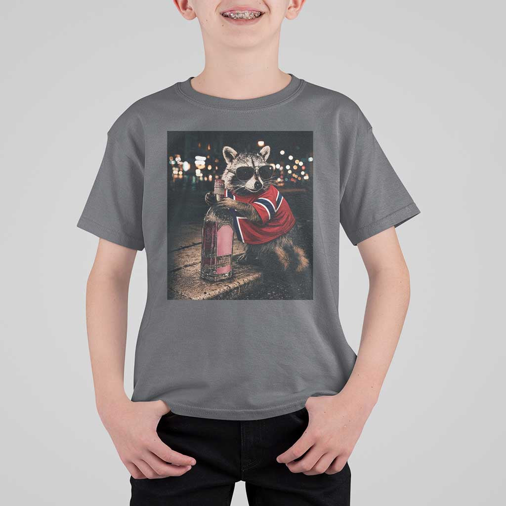 Funny Raccoon Whiskey Sunglasses Norwegian Flag T Shirt For Kid Viral Trash Panda Football Texas Souvenir Meme