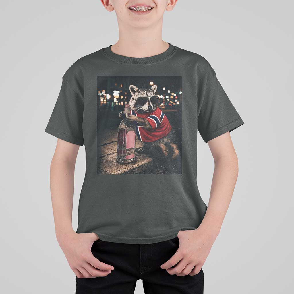 Funny Raccoon Whiskey Sunglasses Norwegian Flag T Shirt For Kid Viral Trash Panda Football Texas Souvenir Meme
